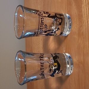 VINTAGE MCM Barware "Down the Track" and "Bottoms Up" Shot Glasses